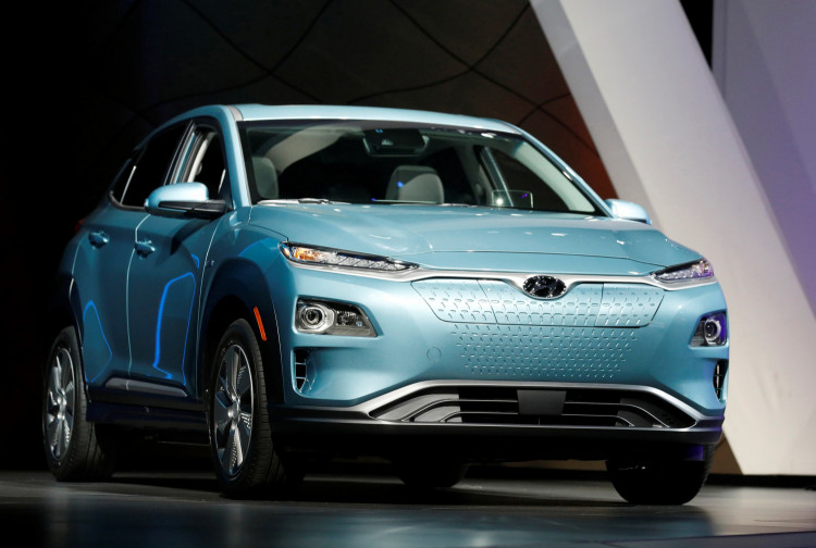 FILE PHOTO: The 2019 Hyundai Kona Electric vehicle is displayed at the New York Auto Show in New York