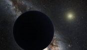Planet Nine depicted as a dark sphere distant from the Sun with the Milky Way in the background.