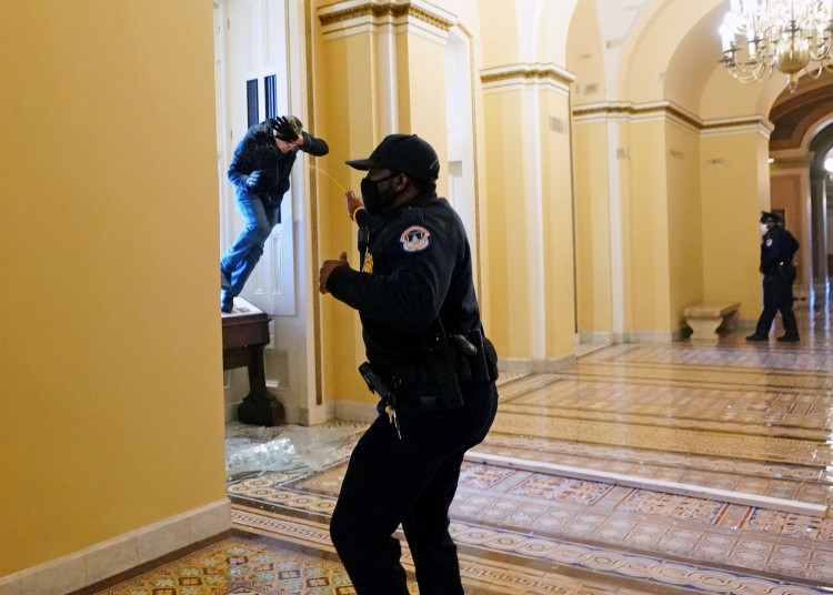 A U.S. Capitol police officer shoots pepper spray at a protestor attempting to enter the Capitol building