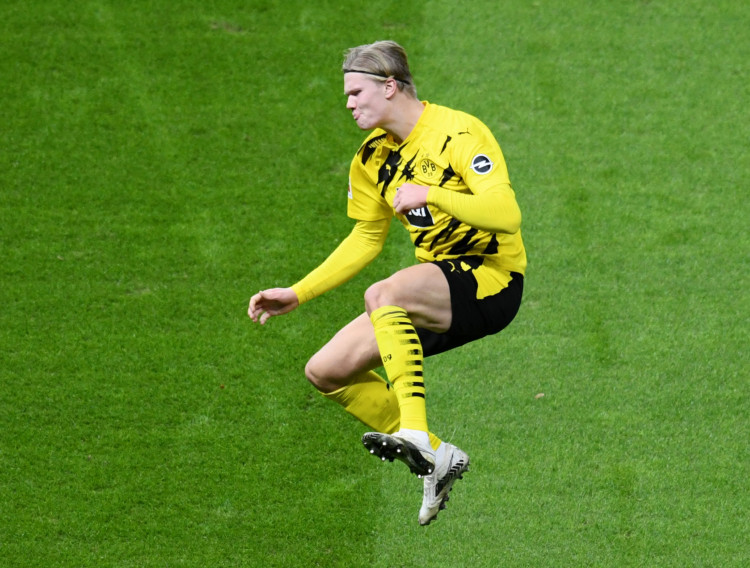 Soccer Football: Borussia Dortmund's Erling Braut Haaland celebrates scoring their fifth goal