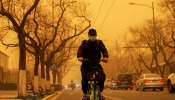 A person cycles down a road during morning rush hour as Beijing, China, is hit by a sandstorm, March 15, 2021.