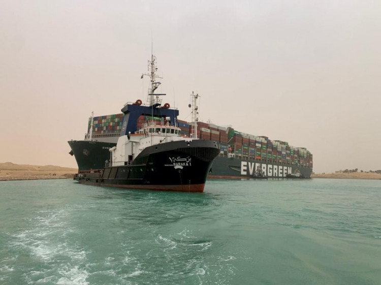 A container ship which was hit by strong wind and ran aground is pictured in Suez Canal,
