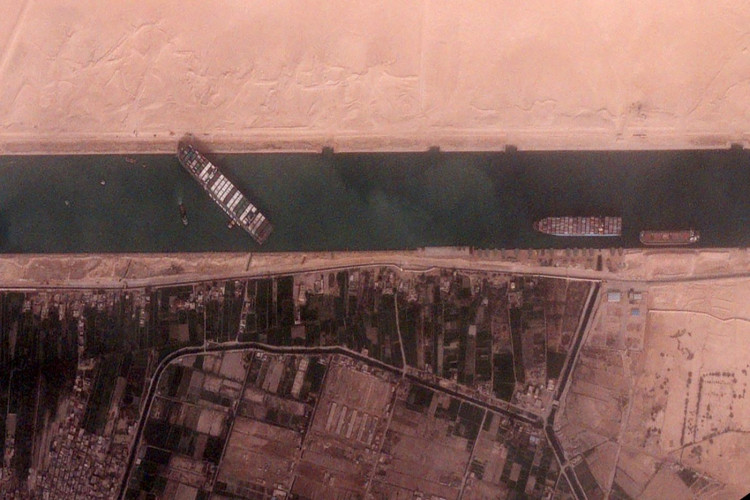 The Ever Given container ship, leased by Taiwan's Evergreen Marine Corp, blocks Egypt's Suez Canal in a BlackSky satellite image.