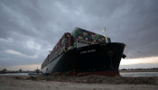 Stranded ship Ever Given, one of the world's largest container ships, is seen after it ran aground, in the Suez Canal.