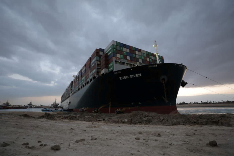 Stranded ship Ever Given, one of the world's largest container ships, is seen after it ran aground, in the Suez Canal.