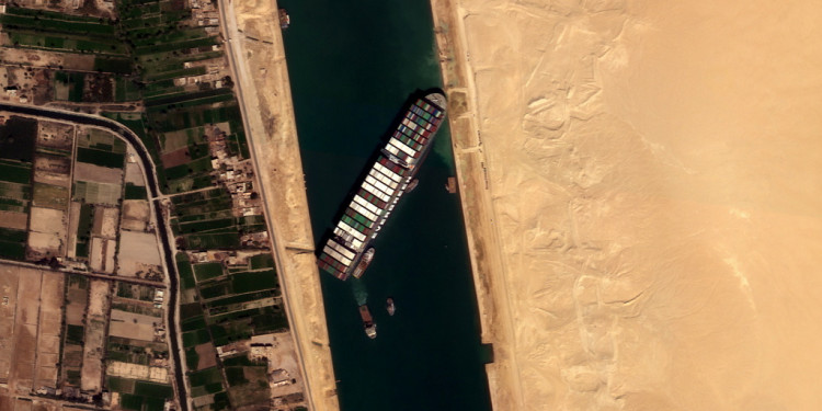Ever Given container ship is seen in Suez Canal in this satellite image taken by Satellogic?s NewSat-16 on March 25, 2021. 