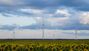 Wind turbines are seen in sunflower field during sunset outside Ulyanovsk, Russia.