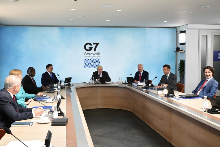 G7 leaders attend a working session during G7 summit in Carbis Bay, Cornwall, Britain, June 12, 2021. 