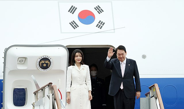 President Yoon Suk Yeol and first Lady Kim Keon Hee depart to Madrid, Spain for Nato Summit at Seoul Air Base 