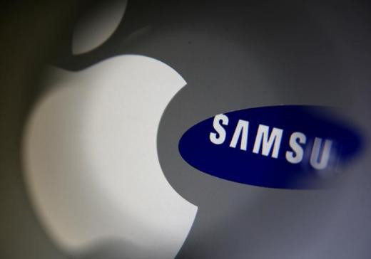 A Samsung logo and a logo of Apple