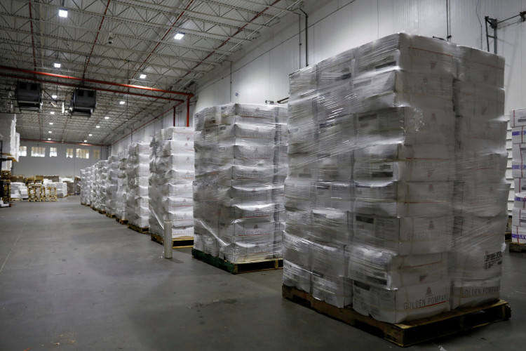 Pallets of imported frozen seafood from China are shown at Pacific American Fish Company imports (PAFCO)
