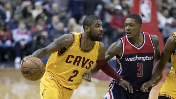 Kyrie Irving of the Cleveland Cavaliers in action against the Washington Wizards during a game on February 6, 2017 at Verizon Center in Washington, DC.