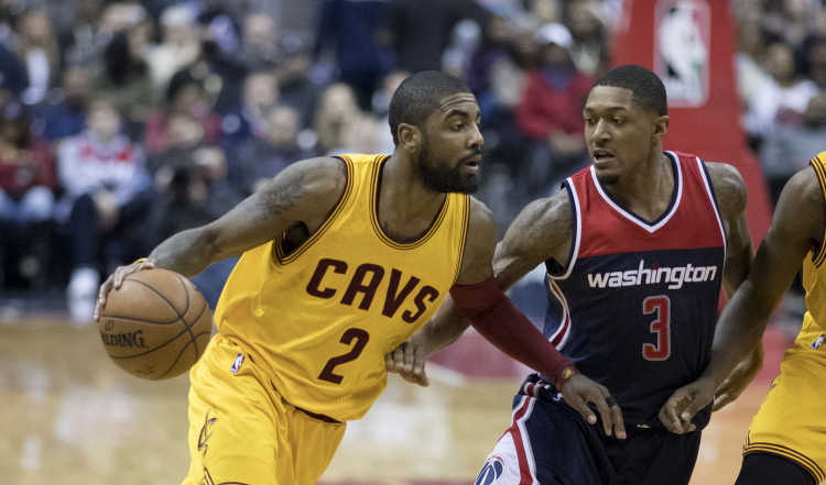 Kyrie Irving of the Cleveland Cavaliers in action against the Washington Wizards during a game on February 6, 2017 at Verizon Center in Washington, DC.