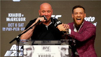 UFC president Dana White and Conor McGregor during a press conference for UFC 229 at Radio City Music Hall. Mandatory Credit: Noah K. Murray-USA TODAY Sports