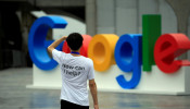 A Google sign is seen during the WAIC (World Artificial Intelligence Conference) in Shanghai