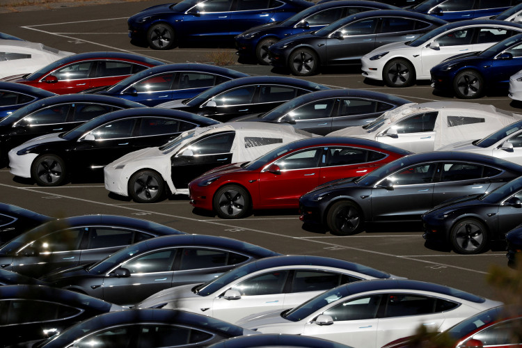 Rows of the new Tesla Model 3 electric vehicles in Richmond