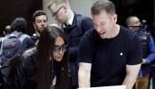 Model Naomi Campbell tries out the new Macbook Air during an Apple launch event in the Brooklyn borough of New York