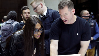 Model Naomi Campbell tries out the new Macbook Air during an Apple launch event in the Brooklyn borough of New York