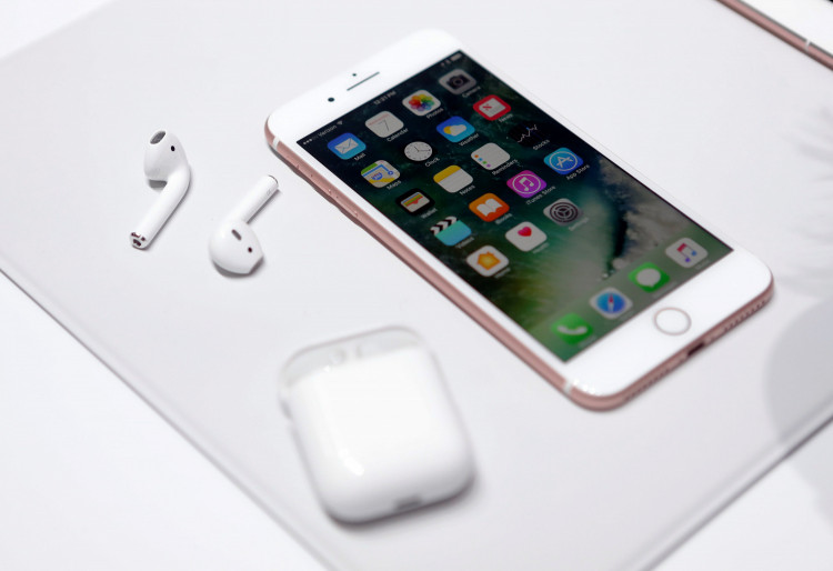 The Apple iPhone 7 and AirPods are displayed during an Apple media event in San Francisco