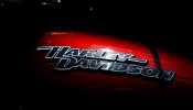 The logo of U.S. motorcycle company Harley-Davidson is seen on one of their models at a shop in Paris