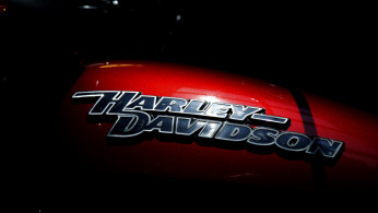 The logo of U.S. motorcycle company Harley-Davidson is seen on one of their models at a shop in Paris