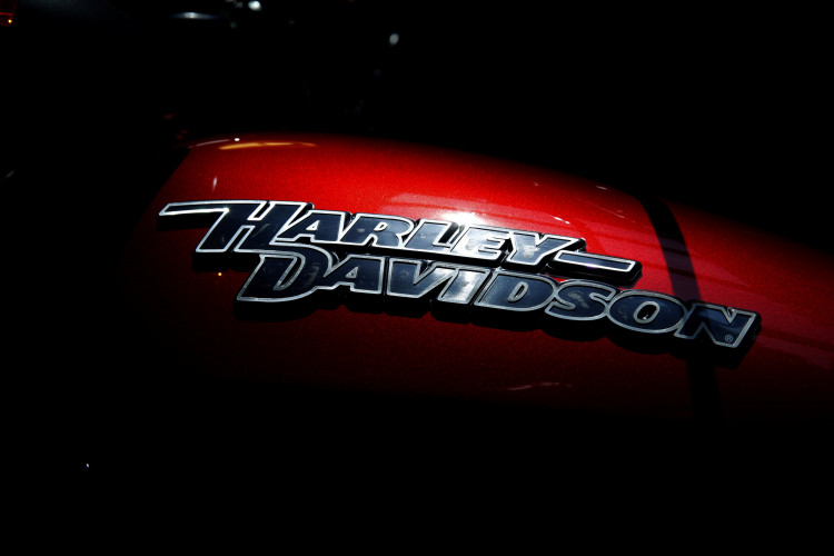 The logo of U.S. motorcycle company Harley-Davidson is seen on one of their models at a shop in Paris