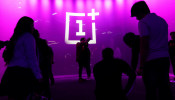 The OnePlus logo is projected onto a wall during a launch event for the new OnePlus 6T in the Manhattan borough of New York