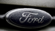 Snowflakes are seen on the badge of a Ford car in Warsaw
