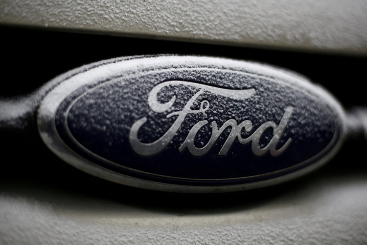 Snowflakes are seen on the badge of a Ford car in Warsaw