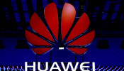 The Huawei logo is seen during the Mobile World Congress in Barcelona