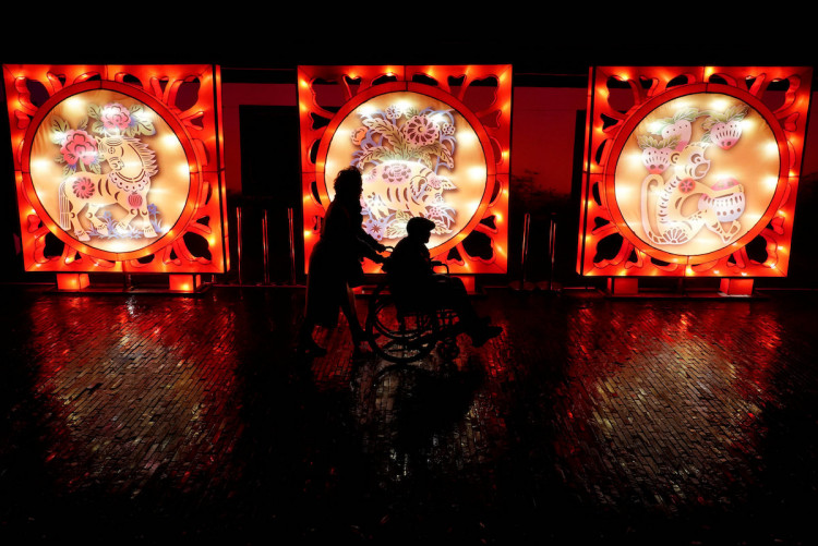 Woman pushes an elderly on a wheelchair past a pig-themed installation at a lantern fair on the second day of Chinese Lunar New Year of the Pig, at Wuhan Garden Expo