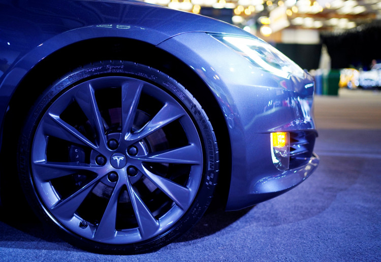 A Tesla Model S wheel is on display at the Canadian International AutoShow in Toronto