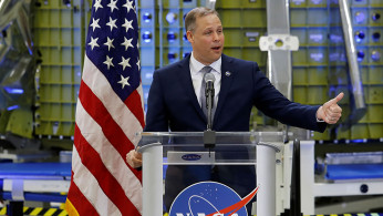 NASA Administrator Jim Bridenstine speaks about the upcoming year's budget during an address to the workers at NASA's Kennedy Space Center in Cape Canaveral