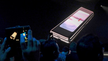 The Samsung Galaxy Fold phone is shown on a screen at Samsung Electronics Co Ltd’s Unpacked event in San Francisco
