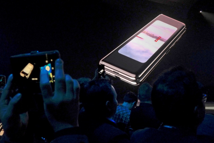 The Samsung Galaxy Fold phone is shown on a screen at Samsung Electronics Co Ltd’s Unpacked event in San Francisco