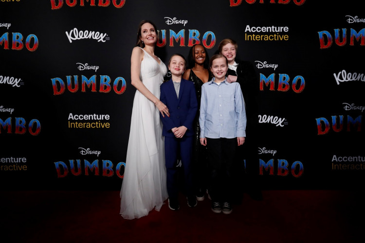 Angelina Jolie pose with her children Knox Leon Jolie-Pitt, Zahara Marley Jolie-Pitt, Vivienne Marcheline Jolie-Pitt, and Shiloh Nouvel Jolie-Pitt at the premiere for the movie "Dumbo" in Los Angeles, California, U.S., March 11, 2019. 