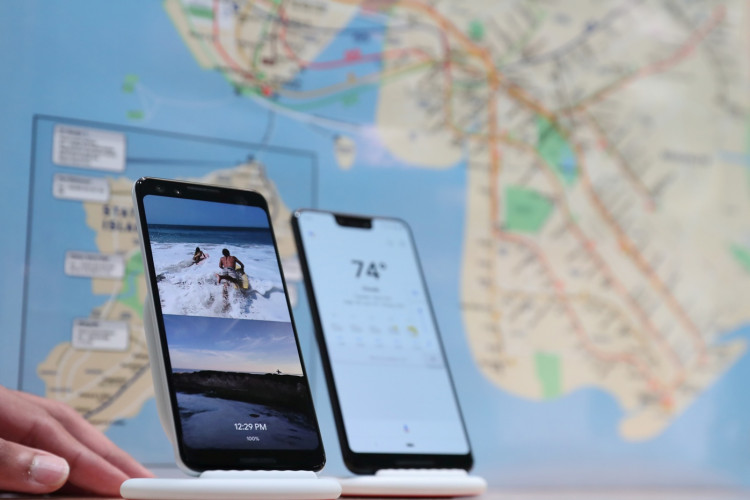 The Google Pixel 3 third generation smartphones are seen on display after a news conference in Manhattan, New York