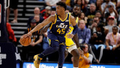 Utah Jazz guard Donovan Mitchell (45) puts a move on Los Angeles Lakers guard Lance Stephenson (6)