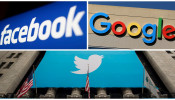 A combination photo of Facebook Google and Twitter logos