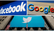 A combination photo of Facebook Google and Twitter logos