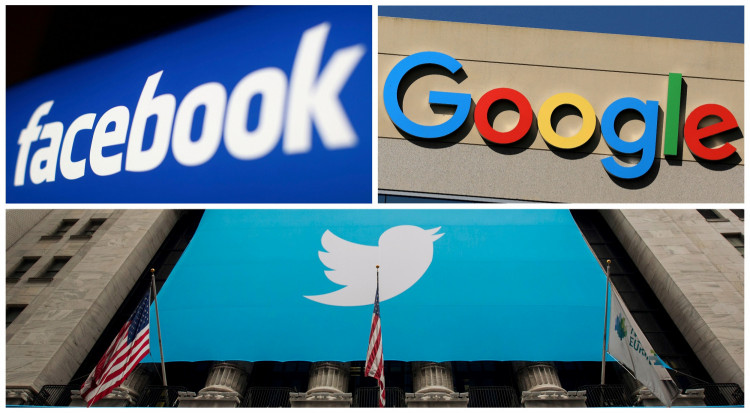 A combination photo of Facebook Google and Twitter logos