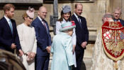 Britain's Queen Elizabeth, Catherine, Duchess of Cambridge, Prince William, Prince Harry, Zara Phillips and Mike Tindall arrive at the Easter Mattins Service at St. George's Chapel in Windsor, Britain April 21, 2019. 