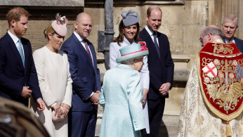 Britain's Queen Elizabeth, Catherine, Duchess of Cambridge, Prince William, Prince Harry, Zara Phillips and Mike Tindall arrive at the Easter Mattins Service at St. George's Chapel in Windsor, Britain April 21, 2019. 