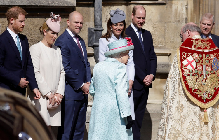 Britain's Queen Elizabeth, Catherine, Duchess of Cambridge, Prince William, Prince Harry, Zara Phillips and Mike Tindall arrive at the Easter Mattins Service at St. George's Chapel in Windsor, Britain April 21, 2019. 