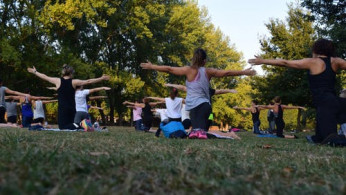 Women performing yoga on green grass near trees