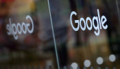 The Google logo is pictured at the entrance to the Google offices in London