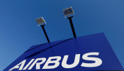 The Airbus logo is pictured at Airbus headquarters in Blagnac near Toulouse