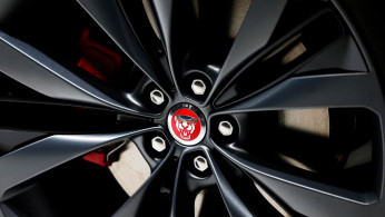 The Jaguar logo is shown as the Jaguar F-Pace SUV is introduced during the Los Angeles Auto Show in Los Angeles