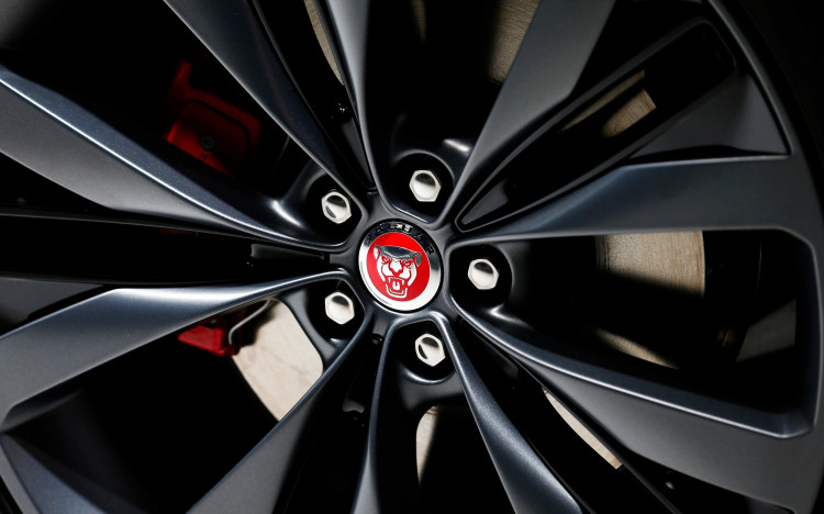 The Jaguar logo is shown as the Jaguar F-Pace SUV is introduced during the Los Angeles Auto Show in Los Angeles