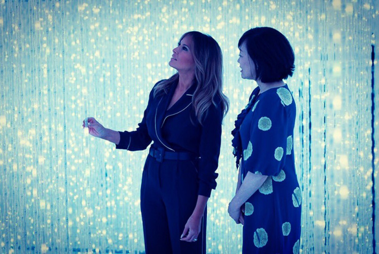 Melania Trump, Seen Here With Ake Abie, Wife To The Japanese Prime Minster Shinzo Abe.  Returning From Japan, Melania Channels Meghan Markle In Chic £998 Calvin Klein Frock 